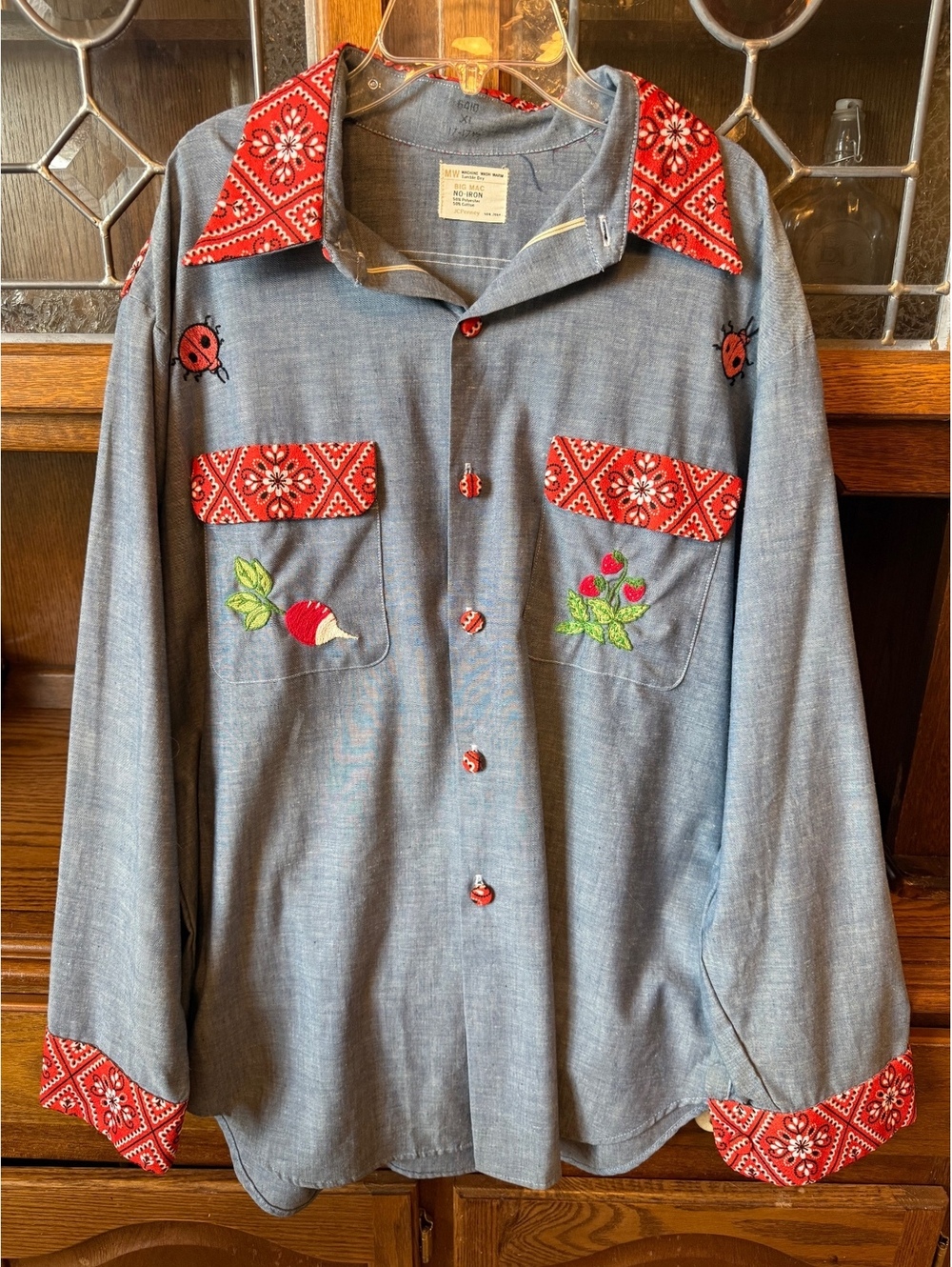 Vintage 70s Big Mac JCPenney Chambray Shirt XL Hand Embroidered Bandana Trim